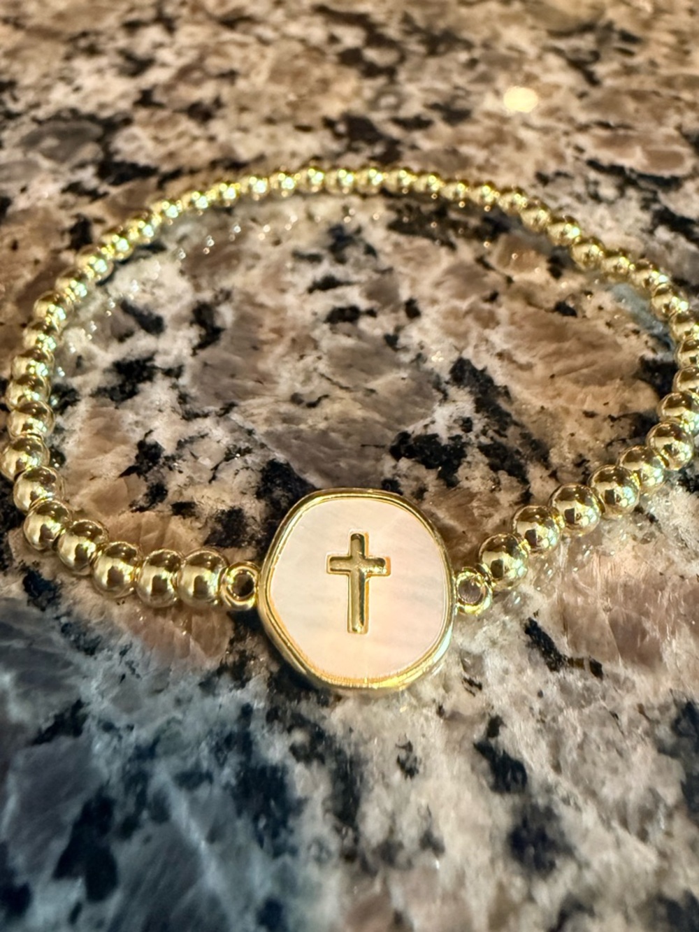 Gold Beaded Cross Charm Mother of Pearl Bracelet